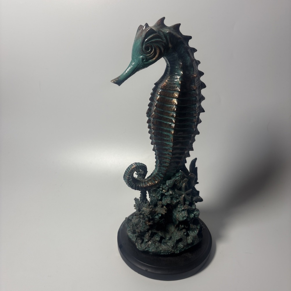 Sea Horse Stand Decor. Resin. Metallic. Real Shells. Wood Base. 12" Tall.